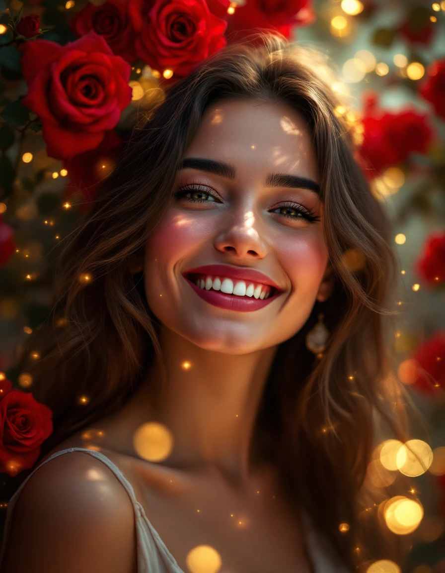 Frau mit Rosen und Goldfunken – visuelle Metapher für Oneness und Schöpfungskraft Eine Frau, umgeben von Rosen und goldenen Funken – Sinnbild für die kreative Schöpferkraft und Einheit im Oneness Rose Creation Circle
